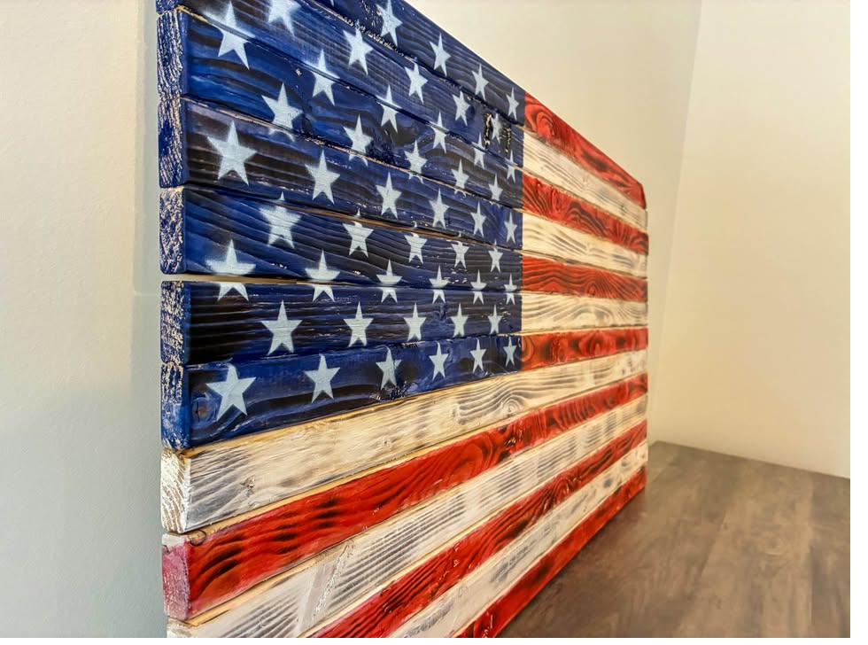 3-foot handcrafted wood American flag — individually cut and stained stripes, stenciled spray-painted stars, made in Alabama
