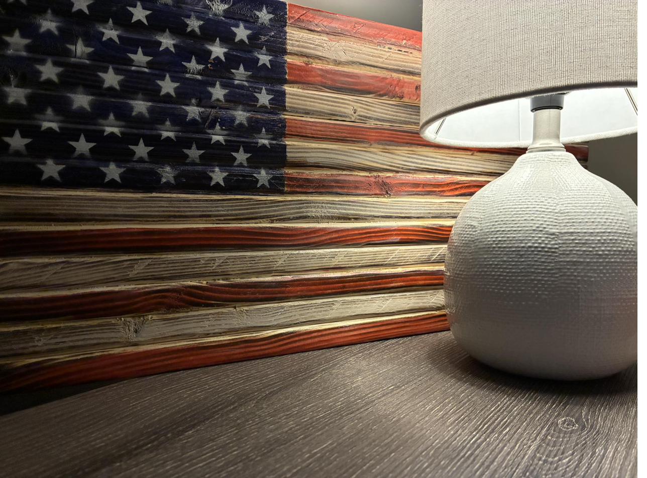 Handcrafted wood American flag displayed in home — built by Jonathan Averett in Trussville, Alabama