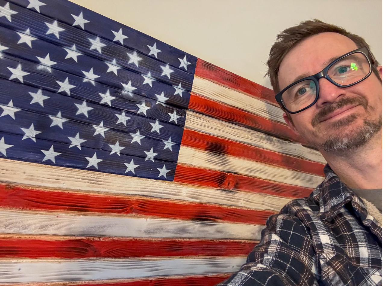 Jonathan, maker of American Wood Flags, in his Alabama garage