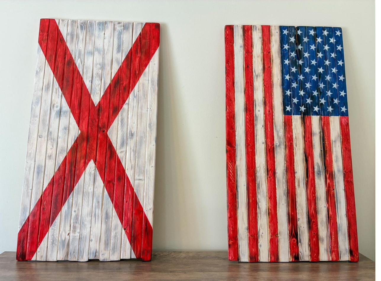 Matching set of a wood American flag and a wood Alabama state flag, handcrafted as a patriotic wall decor pair